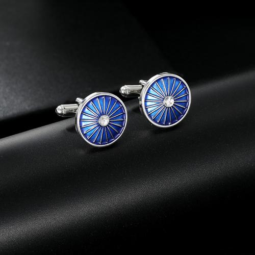 Cufflinks, Tibetan Style, Round, silver color plated, for man & enamel, blue, nickel, lead & cadmium free, Sold By Pair