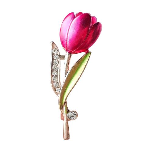 Zinklegierung Broschen, Tulpe, plattiert, Modeschmuck & Emaille & mit Strass, Rosa, frei von Nickel, Blei & Kadmium, 17x53mm, verkauft von PC