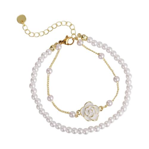 Tibetan Style Bracelet, with Plastic Pearl, plated, Double Layer & fashion jewelry & enamel, white, nickel, lead & cadmium free, Length:15 cm, Sold By PC