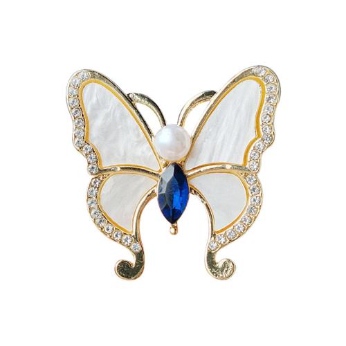 Zinc Alloy Brooches with Shell & Plastic Pearl Butterfly plated fashion jewelry & with rhinestone nickel lead & cadmium free Sold By PC