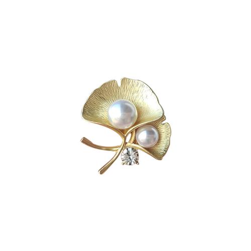 Tibetan Style Brooches, with Plastic Pearl, Ginkgo Leaf, plated, fashion jewelry & with rhinestone, more colors for choice, nickel, lead & cadmium free, 31x33mm, Sold By PC