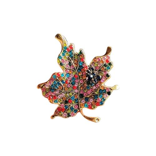 Tibetan Style Brooches, Maple Leaf, gold color plated, fashion jewelry & with rhinestone, multi-colored, nickel, lead & cadmium free, 50x58mm, Sold By PC