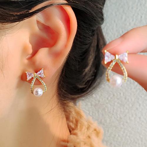 Tibetan Style Stud Earring, with Plastic Pearl, Bowknot, gold color plated, fashion jewelry & with rhinestone, golden, nickel, lead & cadmium free, 10x18mm, Sold By Pair