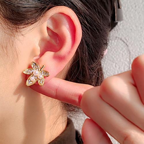 Tibetan Style Stud Earring, with Plastic Pearl, Maple Leaf, gold color plated, fashion jewelry & with rhinestone, golden, nickel, lead & cadmium free, 16x18mm, Sold By Pair