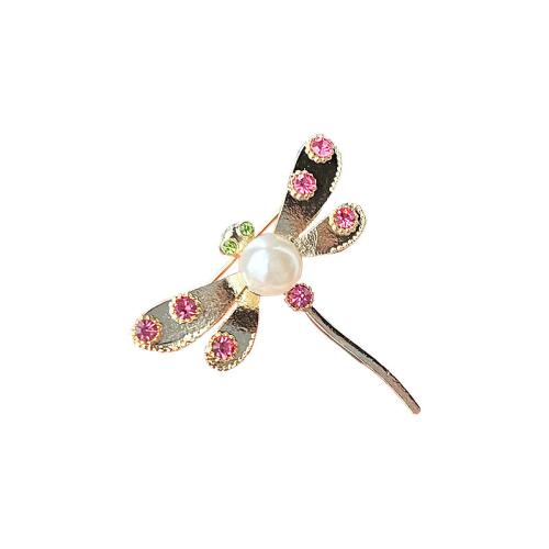 Tibetan Style Brooches, with Plastic Pearl, Dragonfly, gold color plated, fashion jewelry & with rhinestone, golden, nickel, lead & cadmium free, 35x35mm, Sold By PC