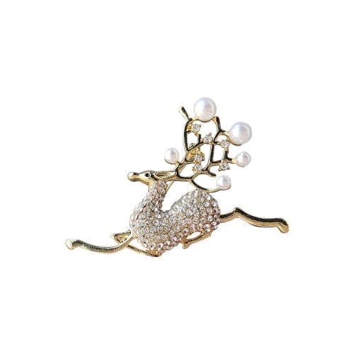 Zinc Alloy Brooches with Plastic Pearl Deer gold color plated fashion jewelry & with rhinestone golden nickel lead & cadmium free Sold By PC