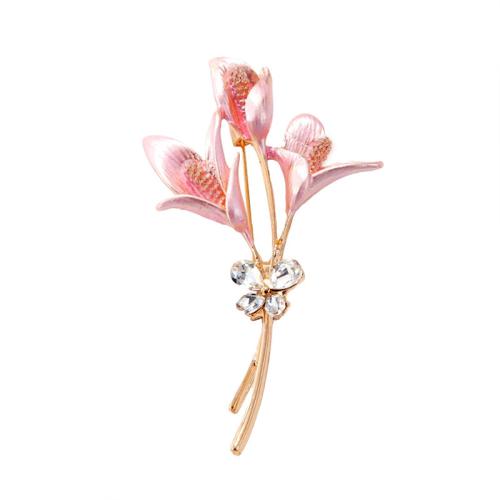 Tibetan Style Brooches, with enamel, Flower, plated, fashion jewelry & with rhinestone, pink, nickel, lead & cadmium free, 31x60mm, Sold By PC