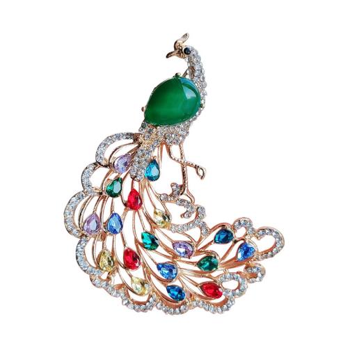 Tibetan Style Brooches, Peacock, gold color plated, fashion jewelry & with rhinestone, multi-colored, nickel, lead & cadmium free, 62x80mm, Sold By PC