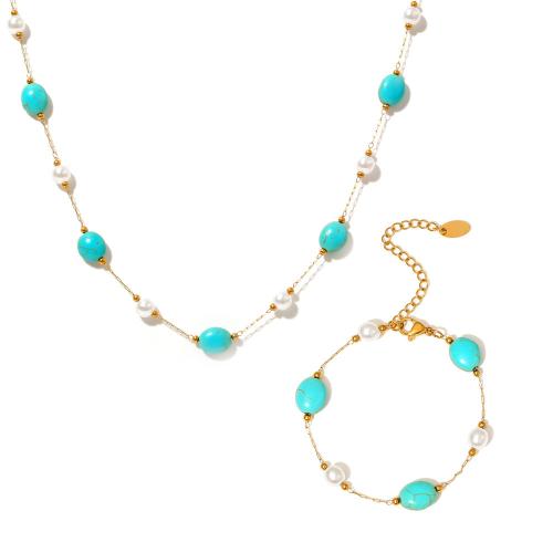 Fashion Stainless Steel Jewelry Sets, 304 Stainless Steel, with turquoise & Plastic Pearl, plated, fashion jewelry & different styles for choice & for woman, gold, Sold By PC