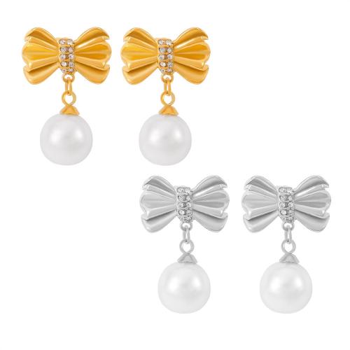 Stainless Steel Stud Earrings 304 Stainless Steel with Plastic Pearl Bowknot plated fashion jewelry & for woman & with rhinestone Sold By Pair