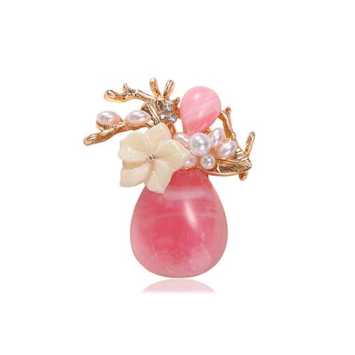 Tibetan Style Brooches, with Natural Stone & Plastic Pearl & Acrylic, plated, for woman & with rhinestone, pink, Sold By PC