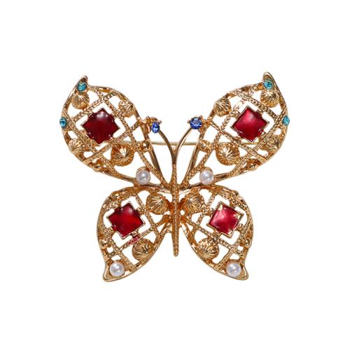 Tibetan Style Brooches, with Plastic Pearl, Butterfly, plated, for woman & with rhinestone, gold, Sold By PC