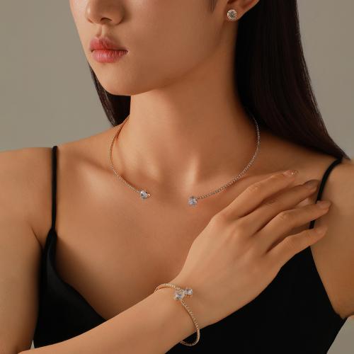 Tibetan Style Jewelry Sets, Stud Earring & collar & cuff bangle, plated, for woman & with rhinestone, more colors for choice, Collar diameter: 12cm, bracelet diameter: 5.5cm, stud stud 8.2mm, Sold By Set