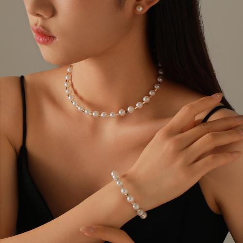 Tibetan Style Jewelry Sets, Stud Earring & cuff bangle & necklace, with Plastic Pearl, plated, for woman & with rhinestone, gold, Necklace 31-40CM, bracelet diameter: 5cm, stud earrings 7mm, Sold By Set