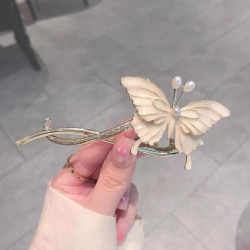 Hair Clip, Tibetan Style, with Plastic Pearl, Butterfly, plated, for woman & enamel, gold, 110x45mm, Sold By PC