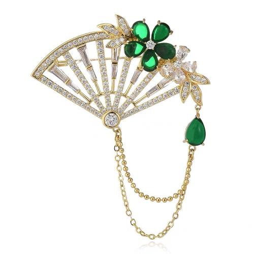 Tibetan Style Brooches, Fan, plated, for woman & with rhinestone, gold, 65x55mm, Sold By PC