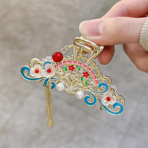 Hair Claw Clips Zinc Alloy with Plastic Pearl & Acrylic plated for woman & enamel & with rhinestone gold 80mm Sold By PC