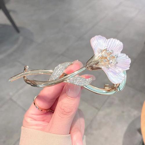 Hair Clip, Tibetan Style, with Plastic, Flower, plated, for woman & with rhinestone, gold, 110x35mm, Sold By PC