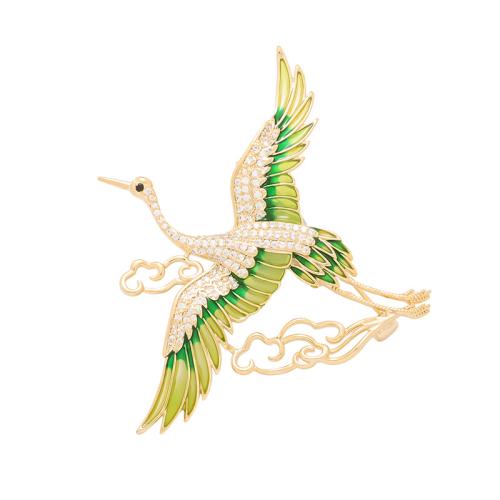 Tibetan Style Brooches, Crane, plated, for woman & enamel & with rhinestone, green, 71x60mm, Sold By PC