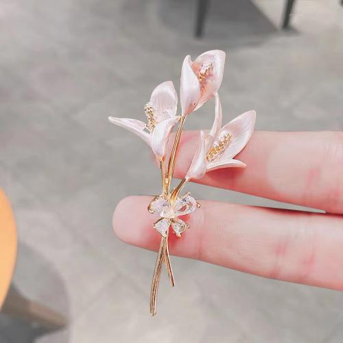 Zinc Alloy Brooches Lily plated for woman & enamel & with rhinestone pink Sold By PC