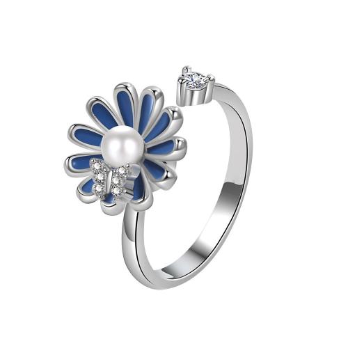 Cúbicos Circonia Micro Pave anillo de latón, metal, con Perlas plásticas, chapado, micro arcilla de zirconia cúbica & para mujer & esmalte, color de platina, Vendido por UD