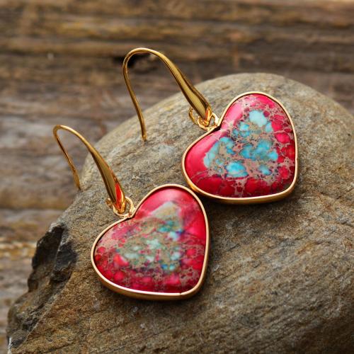 Natural Gemstone Earrings, Impression Jasper, with Brass, fashion jewelry & for woman, more colors for choice, 25mm, Sold By Pair