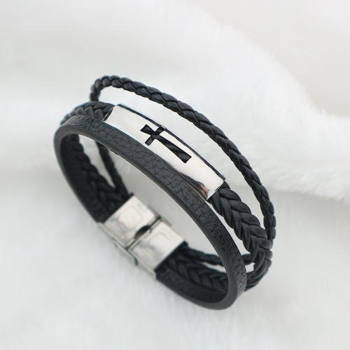 Leather Cord Bracelet Titanium Steel with leather cord three layers & fashion jewelry & Unisex Length Approx 21.5 cm Sold By PC