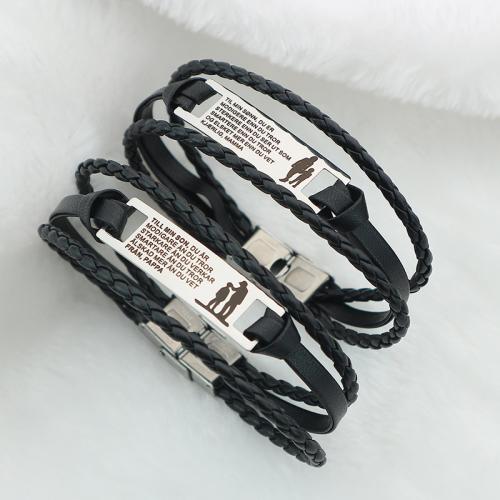 Leather Cord Bracelet, Titanium Steel, with leather cord, three layers & fashion jewelry & Unisex & different designs for choice, Length:Approx 22 cm, Sold By PC