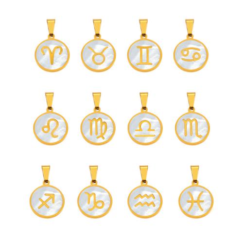 Titanium Steel Pendants with White Shell Round 18K gold plated Zodiac symbols jewelry golden Sold By PC