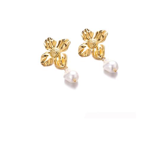 Titanium Steel  Earring with Plastic Pearl Flower fashion jewelry & for woman golden Sold By Pair