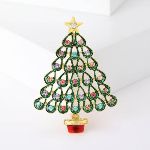 aleación de zinc broche, Árbol de Navidad, chapado en color dorado, para mujer & esmalte & con diamantes de imitación, verde, libre de níquel, plomo & cadmio, Vendido por UD