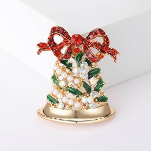 liga de zinco broche, with Concha de resina, Sino de natal, cromado de cor dourada, Design de Natal & esmalte & com strass, cores misturadas, níquel, chumbo e cádmio livre, vendido por PC