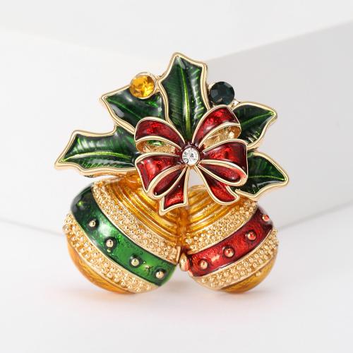 Christmas Brooches, Tibetan Style, Christmas Bell, gold color plated, Christmas Design & enamel & with rhinestone, multi-colored, nickel, lead & cadmium free, Sold By PC