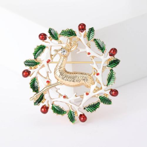 Broches de Navidad, aleación de zinc, Ciervo, chapado en color dorado, Diseño de Navidad & para mujer & esmalte & con diamantes de imitación, libre de níquel, plomo & cadmio, Vendido por UD