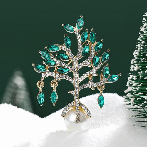 Broches de Navidad, aleación de zinc, con Perlas plásticas, Árbol, chapado en color dorado, para mujer & con diamantes de imitación, verde, libre de níquel, plomo & cadmio, Vendido por UD