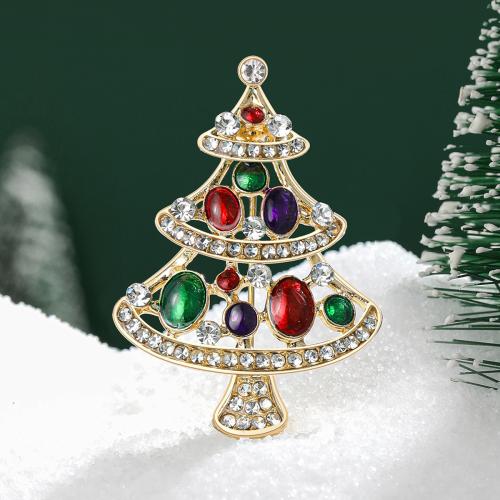 Christmas Brooches Zinc Alloy Christmas Tree gold color plated for woman & enamel & with rhinestone nickel lead & cadmium free Sold By PC