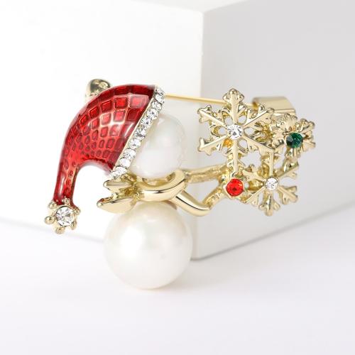 Christmas Brooches, Tibetan Style, with Plastic Pearl, Snowman, gold color plated, for woman & enamel & with rhinestone, nickel, lead & cadmium free, Sold By PC