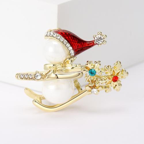 Christmas Brooches, Tibetan Style, with Plastic Pearl, Snowman, gold color plated, Christmas Design & enamel & with rhinestone, nickel, lead & cadmium free, Sold By PC