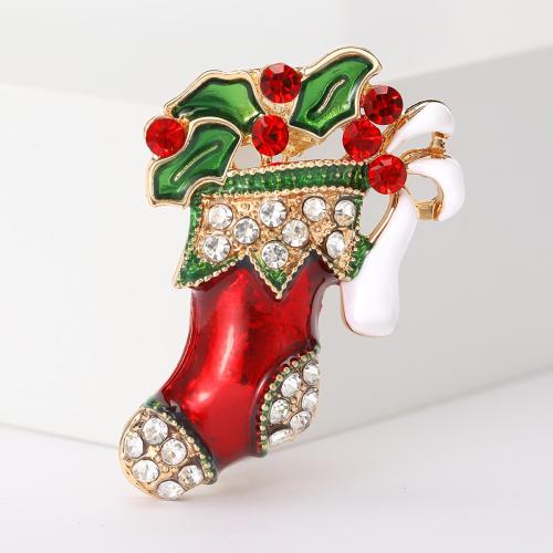 Christmas Brooches, Tibetan Style, Christmas Sock, gold color plated, Christmas Design & enamel & with rhinestone, red, nickel, lead & cadmium free, Sold By PC