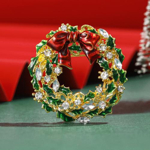 Christmas Brooches Zinc Alloy Christmas Wreath gold color plated Christmas Design & enamel & with rhinestone nickel lead & cadmium free Sold By PC