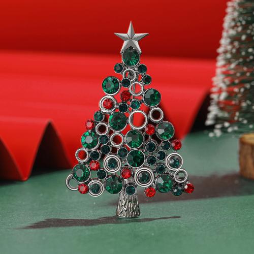 Christmas Brooches Zinc Alloy Christmas Tree gold color plated Christmas Design & for woman & with rhinestone green nickel lead & cadmium free Sold By PC