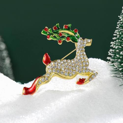 Christmas Brooches Zinc Alloy Deer gold color plated for woman & enamel & with rhinestone nickel lead & cadmium free Sold By PC