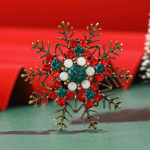 Christmas Brooches, Tibetan Style, Snowflake, gold color plated, Christmas Design & for woman & with rhinestone, multi-colored, nickel, lead & cadmium free, Sold By PC