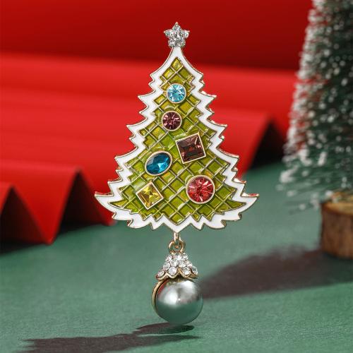 Christmas Brooches, Tibetan Style, with Plastic Pearl, Christmas Tree, gold color plated, for woman & enamel & with rhinestone, nickel, lead & cadmium free, Sold By PC