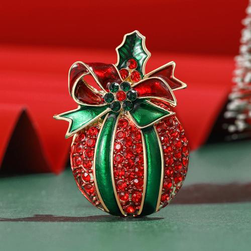 Christmas Brooches, Tibetan Style, Apple, gold color plated, for woman & enamel & with rhinestone, red, nickel, lead & cadmium free, Sold By PC