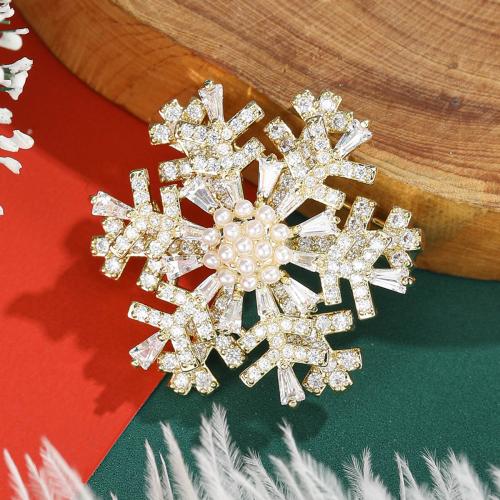 Brass Brooch, with Plastic Pearl, Snowflake, gold color plated, micro pave cubic zirconia & for woman, nickel, lead & cadmium free, Sold By PC