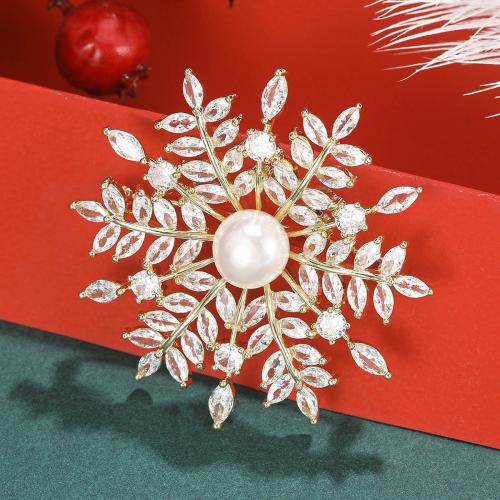 Brass Brooch with Plastic Pearl Snowflake gold color plated micro pave cubic zirconia & for woman nickel lead & cadmium free Sold By PC