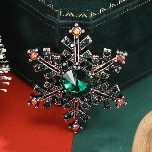 Broches de Navidad, aleación de zinc, Copo de Nieve, chapado, Diseño de Navidad & para mujer & con diamantes de imitación, verde, libre de níquel, plomo & cadmio, Vendido por UD