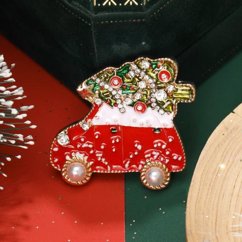 Broches de Natal, liga de zinco, carro, cromado de cor dourada, Design de Natal & para mulher & esmalte & com strass, vermelho, níquel, chumbo e cádmio livre, vendido por PC