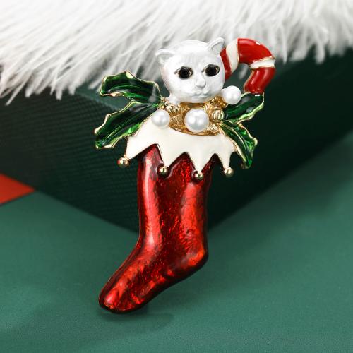 Christmas Brooches, Tibetan Style, with Plastic Pearl, Christmas Sock, gold color plated, Christmas Design & for woman & enamel & with rhinestone, nickel, lead & cadmium free, Sold By PC